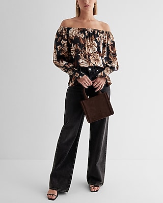 Satin Floral Off The Shoulder Smocked Cuff Top