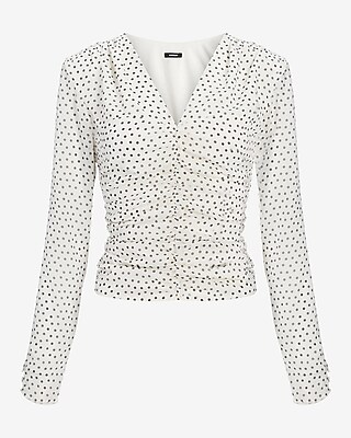 Polka Dot V-Neck Long Sleeve Ruched Front Top