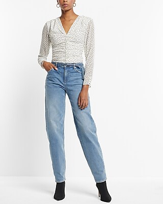 Polka Dot V-Neck Long Sleeve Ruched Front Top