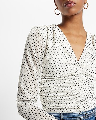 Polka Dot V-Neck Long Sleeve Ruched Front Top