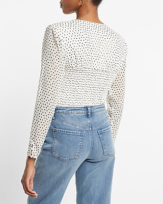 Polka Dot V-Neck Long Sleeve Ruched Front Top