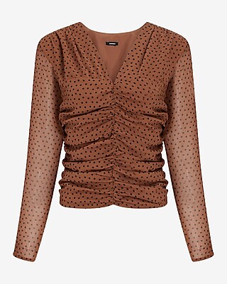 Polka Dot V-Neck Long Sleeve Ruched Front Top