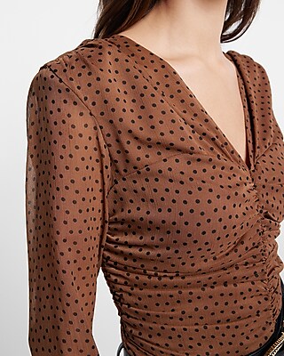 Polka Dot V-Neck Long Sleeve Ruched Front Top