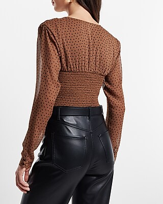 Polka Dot V-Neck Long Sleeve Ruched Front Top