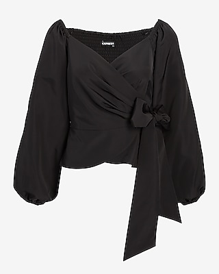 V-Neck Balloon Sleeve Wrap Tie Waist Top