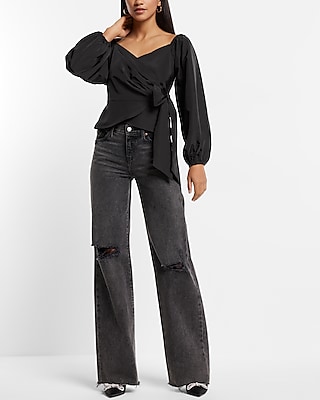 V-Neck Balloon Sleeve Wrap Tie Waist Top
