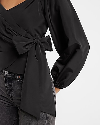 V-Neck Balloon Sleeve Wrap Tie Waist Top