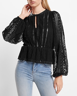 Faux Leather & Lace Long Sleeve Peplum Top | Express