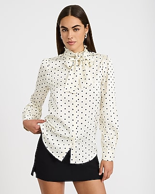 Satin Polka Dot Tie Neck Long Sleeve Top