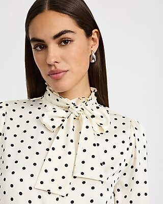 Satin Polka Dot Tie Neck Long Sleeve Top