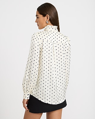 Satin Polka Dot Tie Neck Long Sleeve Top