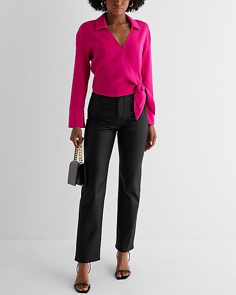 Collared V-neck Wrap Front Tie Waist Top