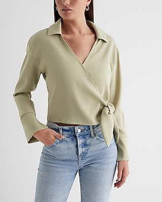 Collared V-Neck Wrap Front Tie Waist Top