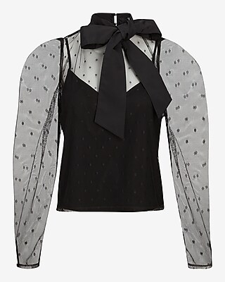 Tulle Polka Dot Tie Mock Neck Puff Sleeve Top