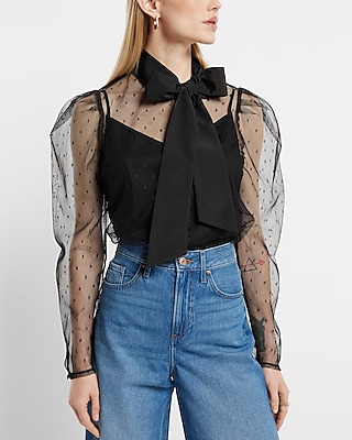 Tulle Polka Dot Tie Mock Neck Puff Sleeve Top