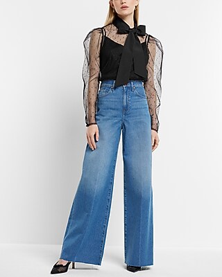 Tulle Polka Dot Tie Mock Neck Puff Sleeve Top
