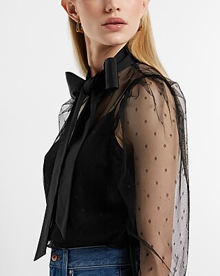 Tulle Polka Dot Tie Mock Neck Puff Sleeve Top