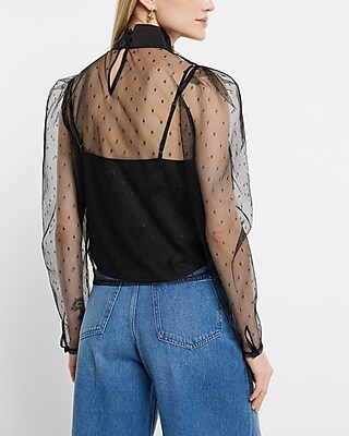 Tulle Polka Dot Tie Mock Neck Puff Sleeve Top