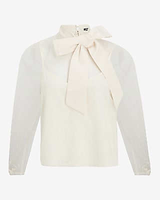 Tulle Polka Dot Tie Mock Neck Puff Sleeve Top