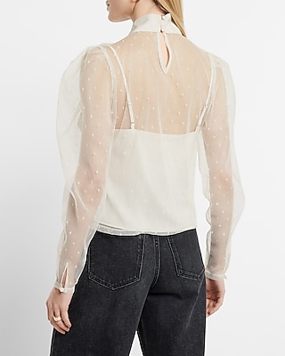 Tulle Polka Dot Tie Mock Neck Puff Sleeve Top