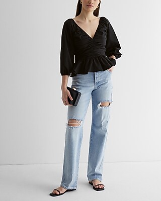 V-neck Pleated Peplum Top | Express