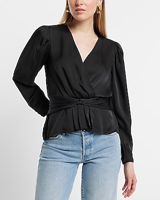 Satin V-Neck Twist Front Peplum Top