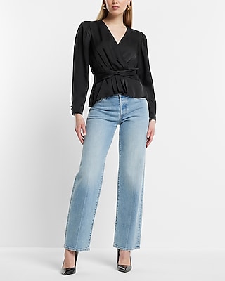Satin V-Neck Twist Front Peplum Top