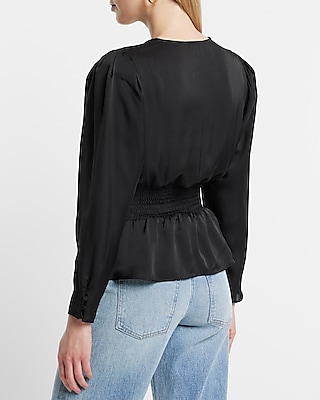 Satin V-Neck Twist Front Peplum Top