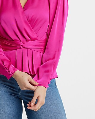 Satin V-Neck Twist Front Peplum Top - thumbnail 3