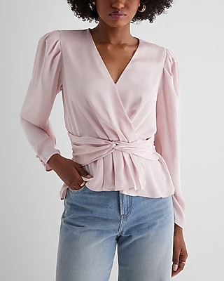 Satin V-Neck Twist Front Peplum Top