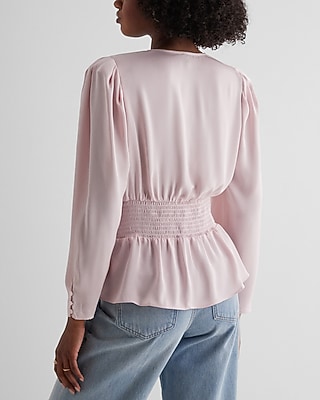 Satin V-Neck Twist Front Peplum Top