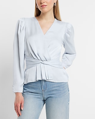 Satin V-Neck Twist Front Peplum Top