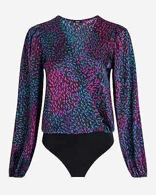 Satin Printed Balloon Sleeve Faux Wrap Front Bodysuit