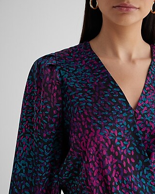 Satin Printed Balloon Sleeve Faux Wrap Front Bodysuit