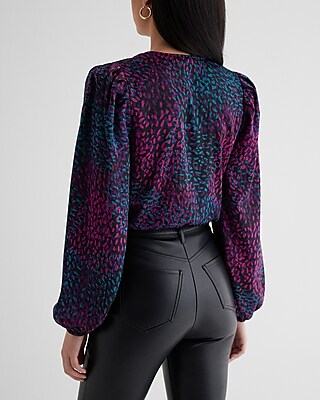Satin Printed Balloon Sleeve Faux Wrap Front Bodysuit