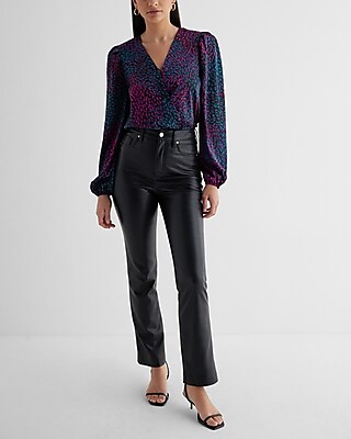 Satin Printed Balloon Sleeve Faux Wrap Front Bodysuit