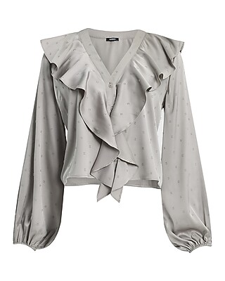 Satin Clip Dot V-Neck Long Sleeve Button Front Ruffle Top