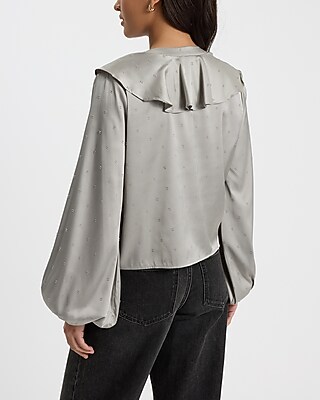Satin Clip Dot V-Neck Long Sleeve Button Front Ruffle Top