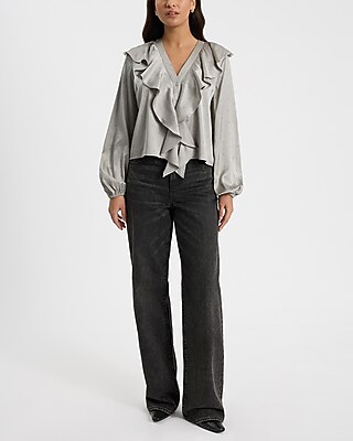 Satin Clip Dot V-Neck Long Sleeve Button Front Ruffle Top