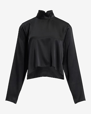 Satin Mock Neck Cropped Long Sleeve Top