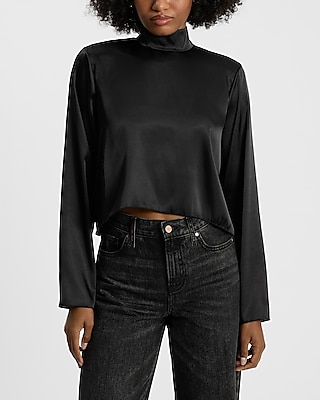 Satin Mock Neck Cropped Long Sleeve Top