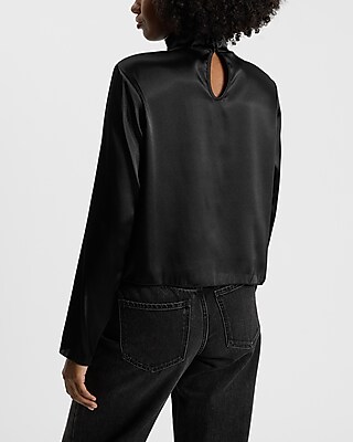 Satin Mock Neck Cropped Long Sleeve Top