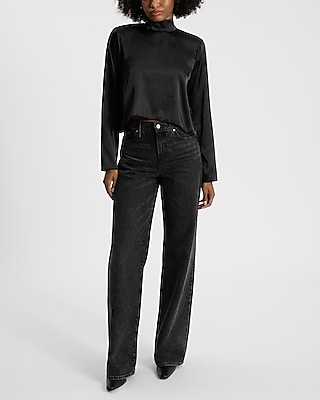 Satin Mock Neck Cropped Long Sleeve Top