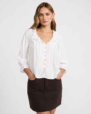 V-Neck Long Sleeve Pintuck Button Front Ruffle Top