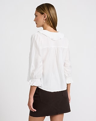 V-Neck Long Sleeve Pintuck Button Front Ruffle Top