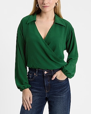 Collared V-Neck Long Sleeve Surplice Top