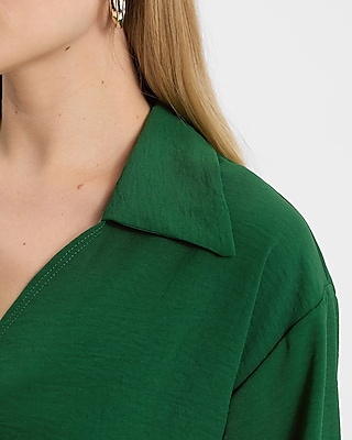 Collared V-Neck Long Sleeve Surplice Top