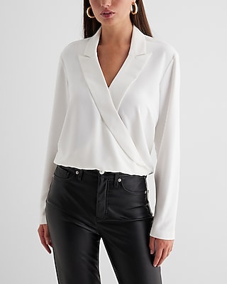 Collared V-neck Long Sleeve Faux Wrap Front Top