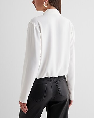 Collared V-Neck Long Sleeve Faux Wrap Front Top
