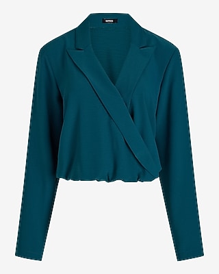 Collared V-Neck Long Sleeve Faux Wrap Front Top
